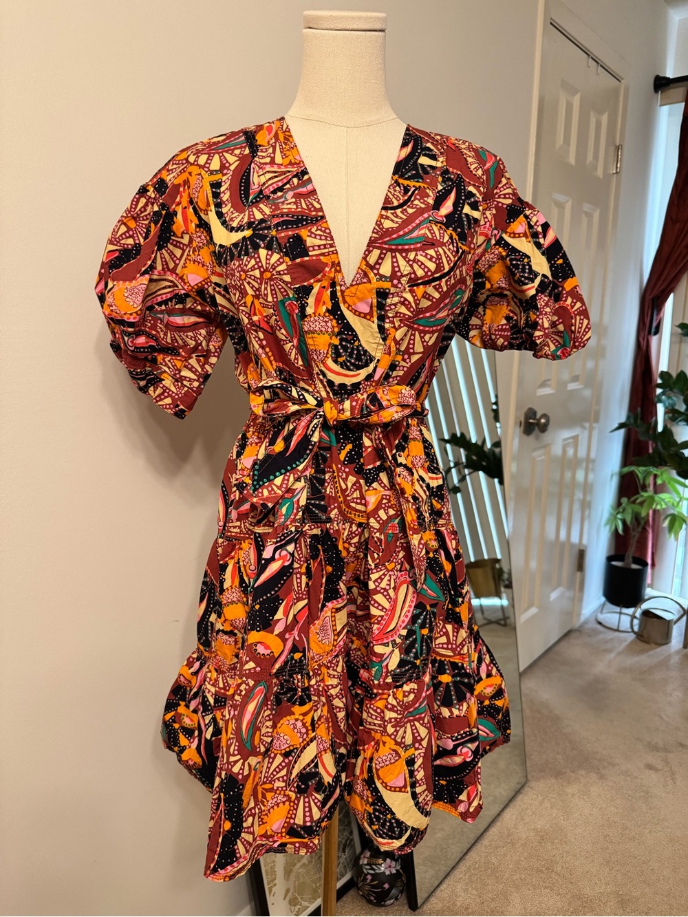 A.L.C. Carey Printed Cotton Mini Dress Russet Multi Faux Wrap Puff Sleeve